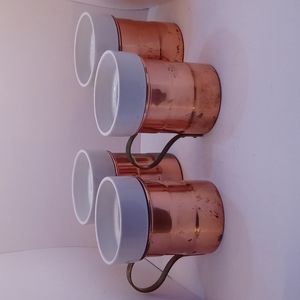 Set of Four Vintage White Porcelain and Copper Mugs